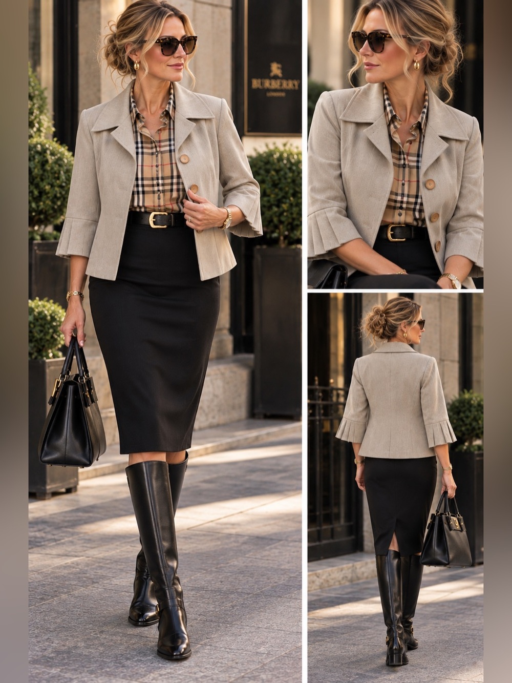 Tailored Taupe Cropped Blazer with Pleated 3/4 Sleeves - Picture 2 of 12